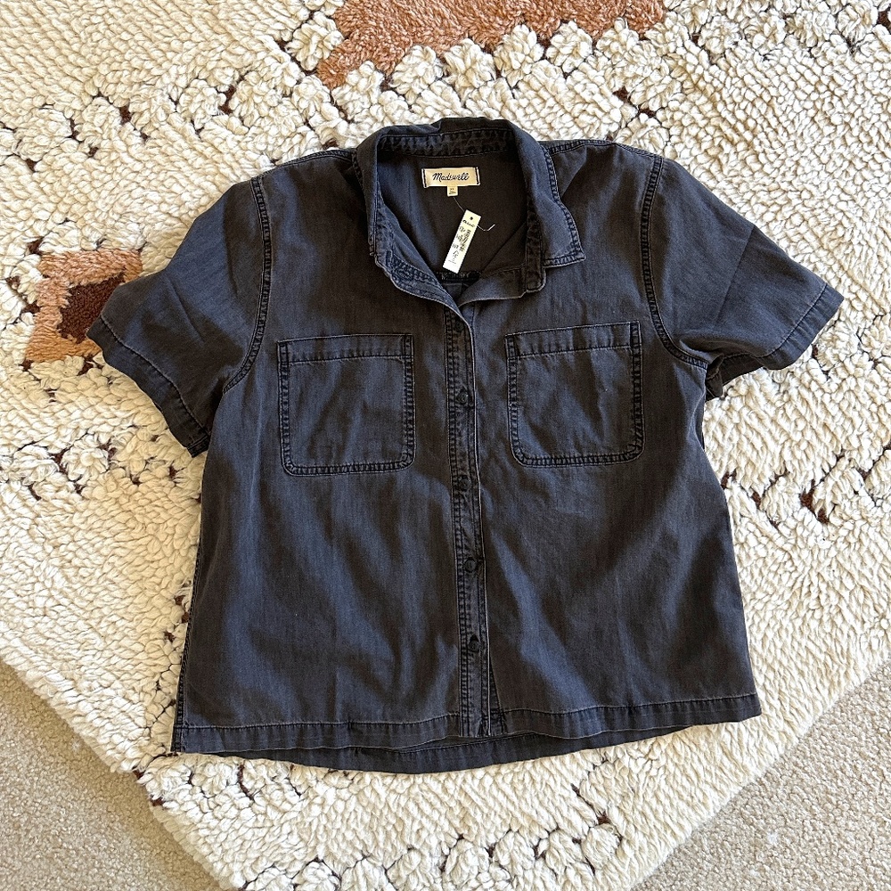 MADEWELL Denim Oversized Ex-Boyfriend Short-Sleeve Shirt, Lunar Wash, XL (NWT)